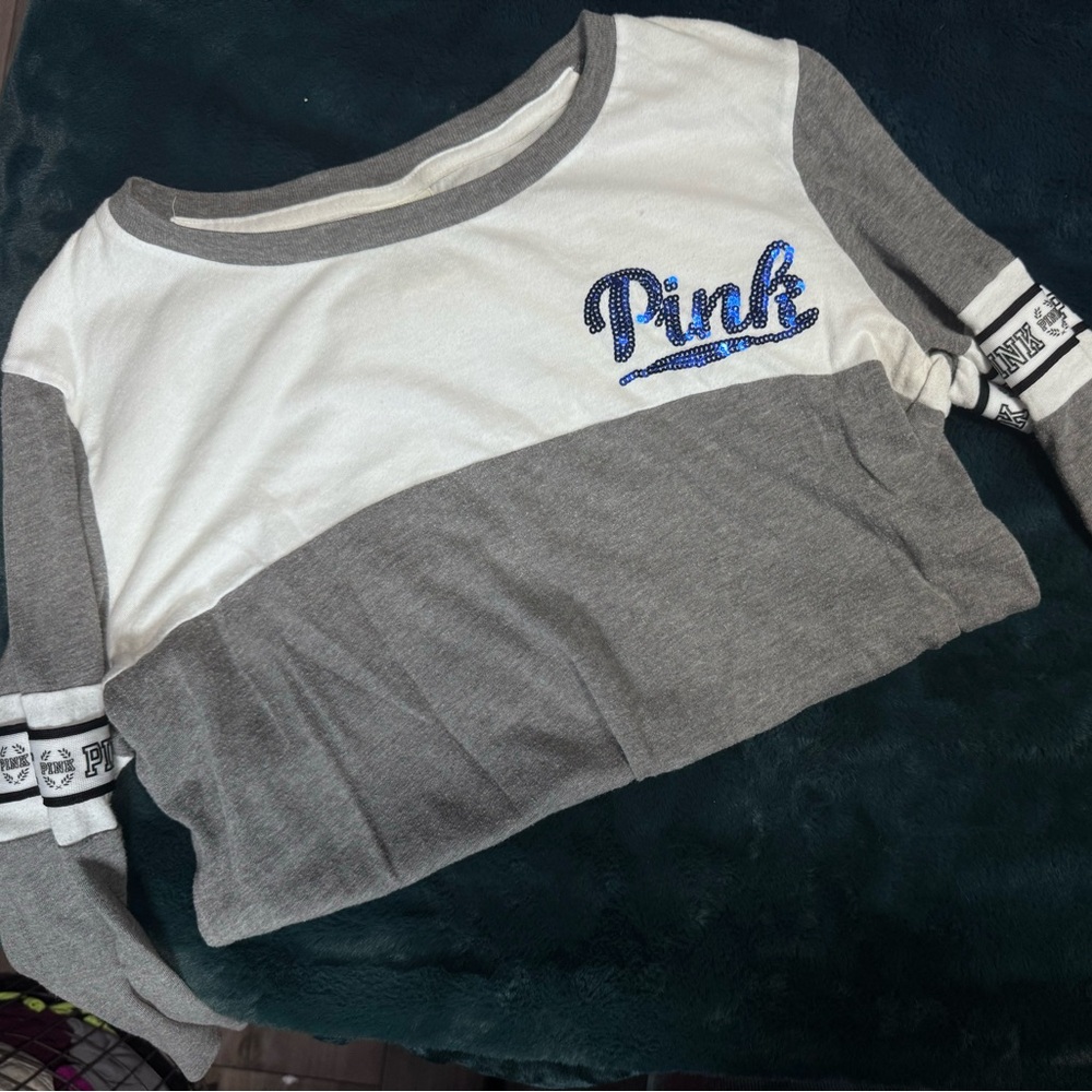 PINK Baseball Shirt -Blue Bling Lettering / Two-Tone 3/4 Long Sleeve Shirt
